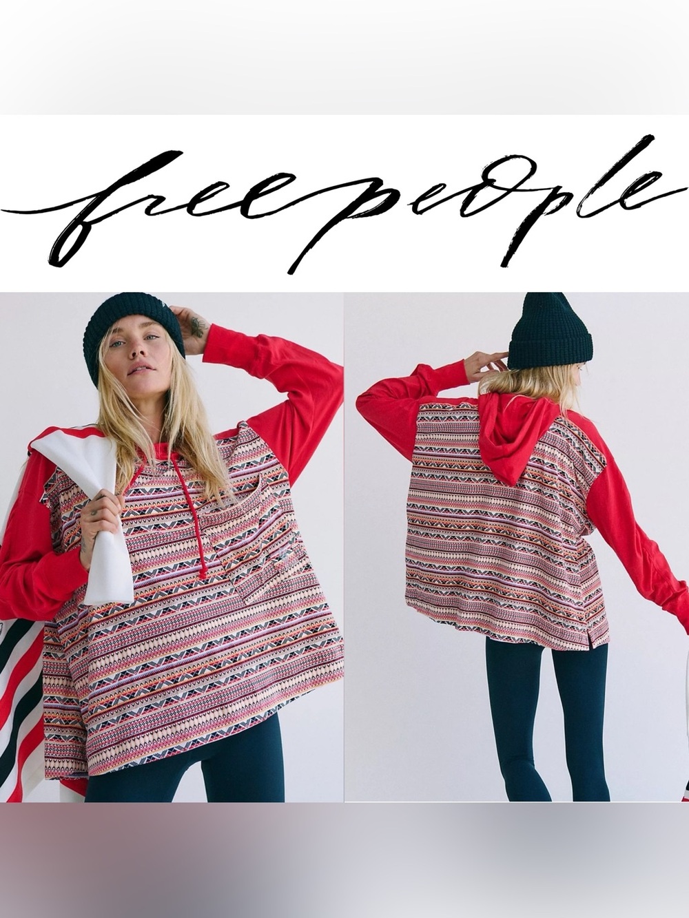 Free People Hot Shot oversized Hoodie in red Aztec pattern size extra small